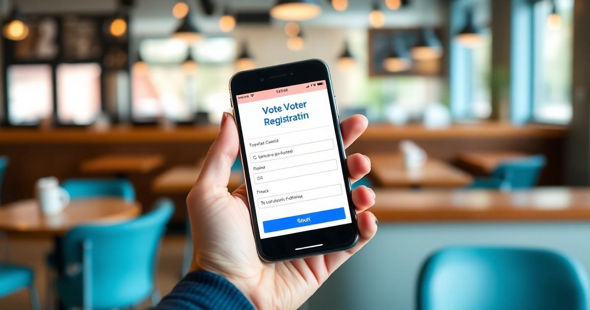 A hand holding a smartphone displaying a voter registration check screen in a coffee shop
