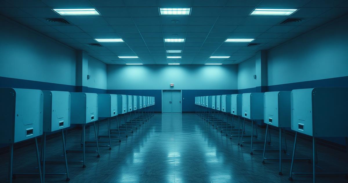 An empty polling station with rows of unused voting booths under fluorescent lights, illustrating low voter turnout
