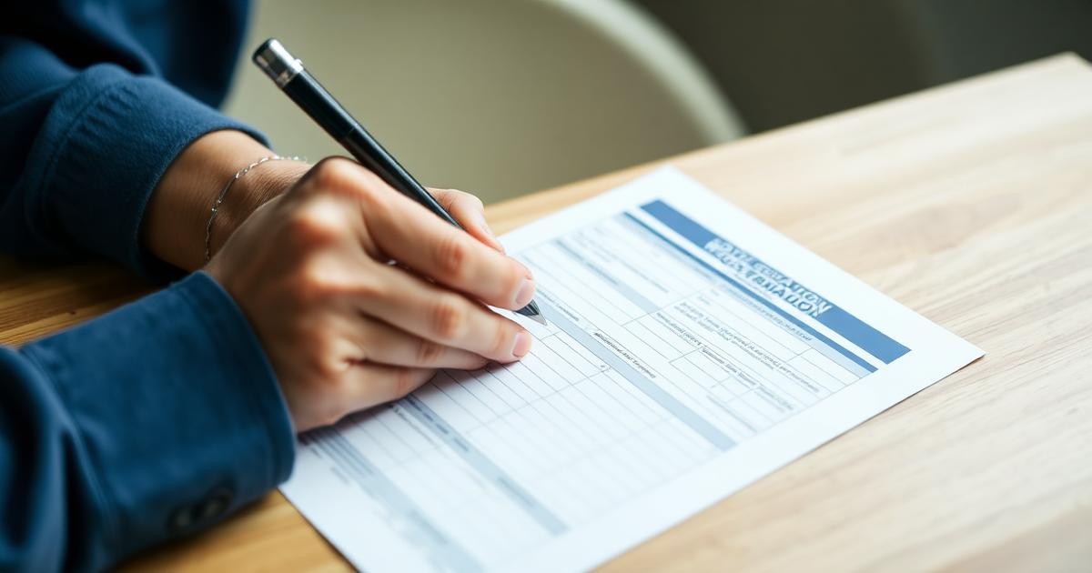 A person filling out a paper voter registration form at a desk with a pen in hand