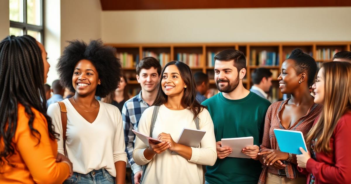 A diverse group of young adults and community members talking together in a library, representing communities affected by low voter registration